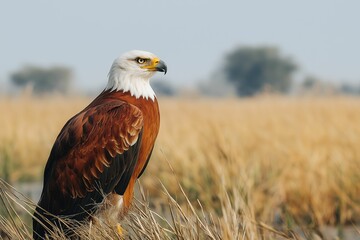 Obraz premium Majestic bald eagle perched in golden grassland. Wildlife conservation and ecosystem preservation in North American prairies