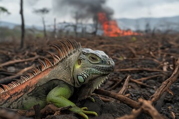 Fototapeta premium Vibrant iguana amid burning forest. Urgent need for wildlife protection and habitat conservation in face of increasing wildfires