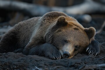 Sleeping brown bear. Wildlife conservation and importance of undisturbed habitats for large predators