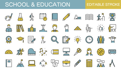 学校や教育、勉強に関するアイコンセット　編集可能　カラー