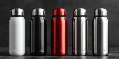 White, Black, Red and Silver Empty Glossy Metal Thermos Water Bottle