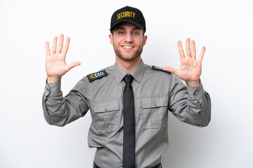 Young safeguard caucasian man isolated on white background counting ten with fingers