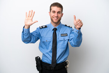 Young police caucasian man isolated on white background counting six with fingers
