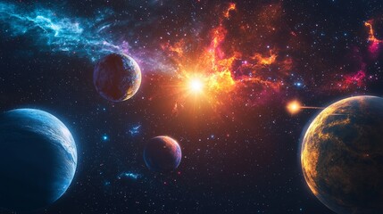 Obraz premium A bright star casts light on orbiting planets, highlighting them against a backdrop of nebulae and twinkling stars.