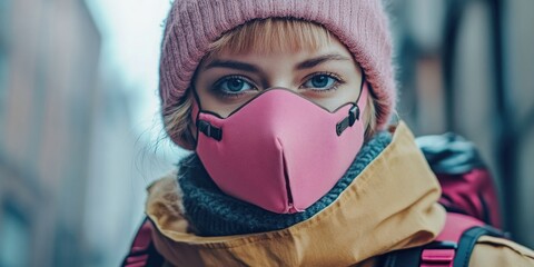 Woman in Pink Mask and Hat