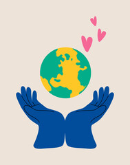 Hand holding earth globe love. Colorful vector illustration