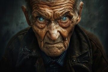 striking close up portrait of an elderly woman with deep wrinkles and piercing blue eyes. dramatic lighting highlights his features, creating a strong and contemplative expression against a dark