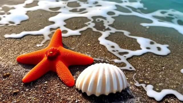 starfish and shells on summer beach in sea water, 4k short video