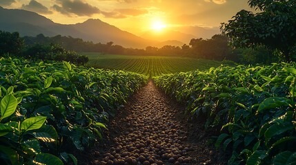 Silk farm at dawn with dewcovered mulberry trees glistening in the morning light and farmers harvesting the first cocoons of the season