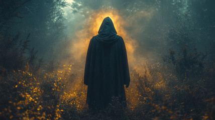 Person wearing a cloak hoodie in the deep forest at night, horror movie scene featuring a man in black clothes in the dark jungle at night