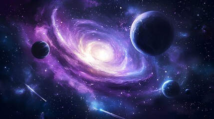 A stunning cosmic scene showcasing a vibrant galaxy surrounded by planets, stars, and deep space, brimming with colorful nebulas and swirling gases.