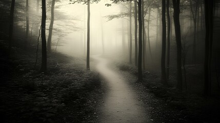Obraz premium A misty forest path winds through darkened trees, creating an enchanting yet eerie atmosphere, hinting at mystery and nature's beauty.