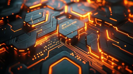 A close-up of a futuristic circuit board, featuring intricate patterns and glowing orange lines, conveying a high-tech and modern digital aesthetic.