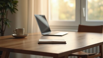 Minimalist Home Office Desk with Laptop, Notebook, and Coffee Cup