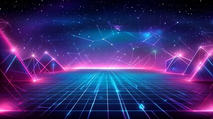 A vibrant digital landscape featuring neon colors, geometric designs, and a starry sky, creating a futuristic ambiance.