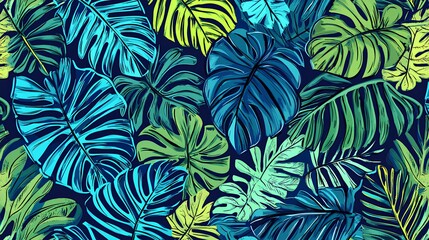 A vibrant arrangement of tropical leaves in varying shades of blue and green, creating a lush, botanical pattern.