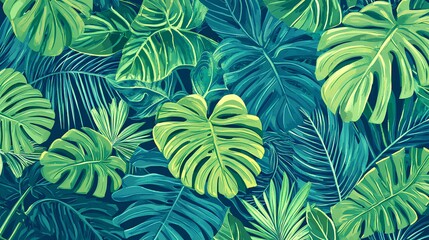 A vibrant arrangement of lush green leaves on a dark background, showcasing tropical foliage with varying shapes and shades.