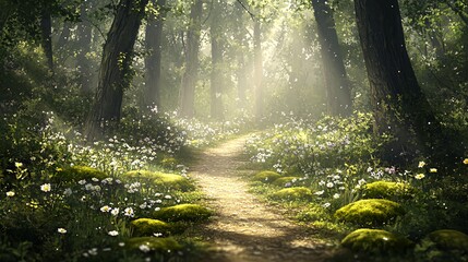 A sunlit path winds through a mossy forest floor, surrounded by wildflowers.