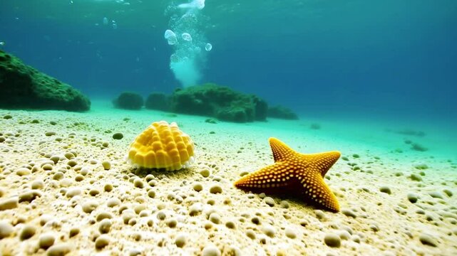 starfish and shells in sea water, 4k short video
