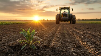 Fototapeta premium Freshly tilled earth with a solitary tractor in the distance, early morning sun rising