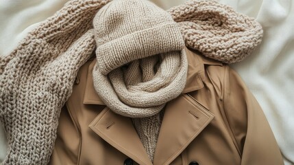 Top view of womenas winter wear: trench coat, knitted scarf, and wool hat arranged on a light fabric. No people, no logo.