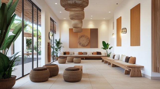 Interior comercial decorado con madera y mimbre de estilo moderno