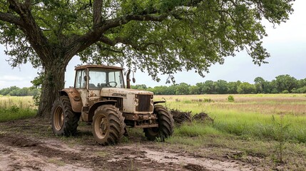 Obraz premium Heavy-duty tractor parked under an old oak tree, juxtaposition of machinery and nature
