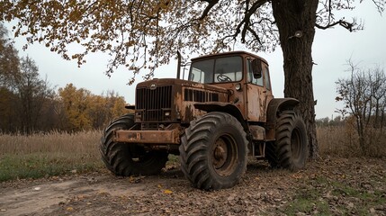 Obraz premium Heavy-duty tractor parked under an old oak tree, juxtaposition of machinery and nature
