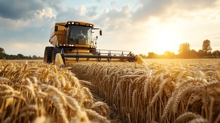 Fototapeta premium Large, yellow combine harvester dwarfing the fields of golden wheat it works through