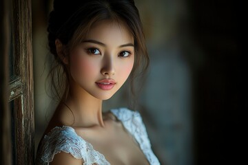 Portrait of a Young Woman with Long Brown Hair Wearing a White Lace Dress