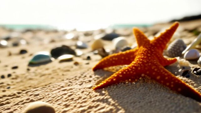 starfish and shells on summer beach in sea water, 4k short video