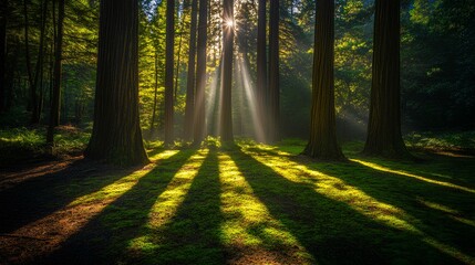 Fototapeta premium A serene forest scene with sunlight streaming through trees, casting long shadows on the vibrant green ground.