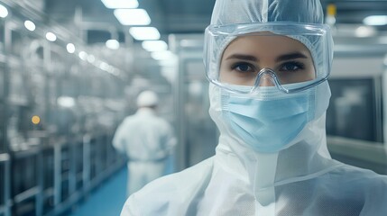 A focused woman in protective gear stands in a cleanroom, showcasing safety protocols in a high-tech environment, emphasizing hygiene and precision.