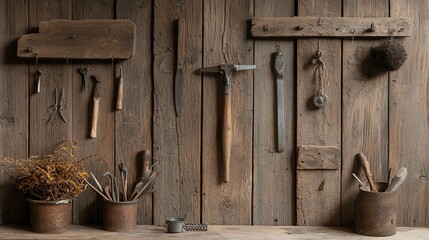 Rustic wooden barn with weathered tools hung neatly, an ode to traditional farming methods