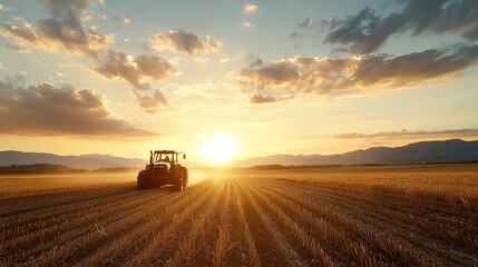 Fototapeta premium Silhouette of farm equipment against a vibrant sunset, casting long shadows across the field