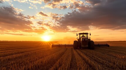 Fototapeta premium Silhouette of farm equipment against a vibrant sunset, casting long shadows across the field