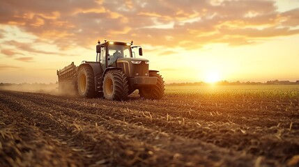 Fototapeta premium The outline of heavy-duty machinery against a deep orange sunset, towering over endless rows of crops