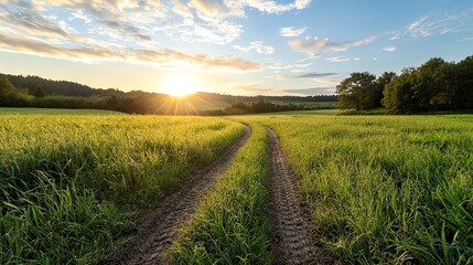 Fototapeta premium Tractor tire tracks leading through a field of fresh, dewy grass at sunrise