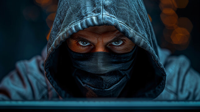 Hooded figure intently stares at computer screen in darkness