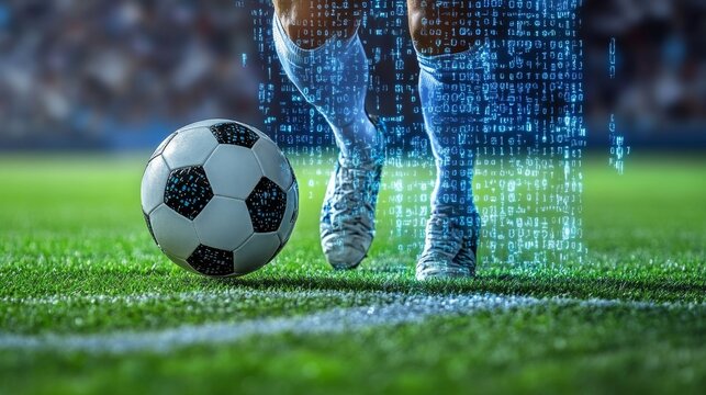 Soccer player running with digital overlay on football field
