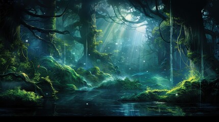 Fototapeta premium Mystical Forest Glade with Sunbeams and a Still Pool