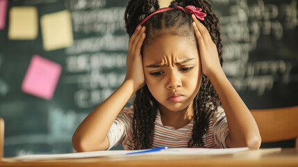 Confused African American little girl pupil in school looking frustrated and nervous with a frowning face, thoughtful expression showing uncertainty while studying young student questioning the lesson