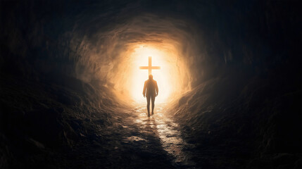 Black silhouette of a man walks through a dark tunnel with a shining, bright Cross, a light at the exit, repentance and returning to God Jesus Christ, Christianity and religion, faith and peace, love