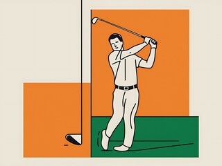 illustration of a man teeing off in a simple, minimalist style. He is mid-swing, preparing to strike the golf ball with a clean, angular golf club