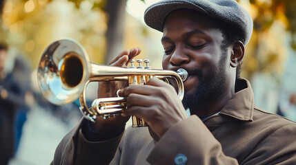 Obraz premium African American musician playing the trumpet, embodying the sound of jazz in a vibrant performance, showcasing musical talent as a male artist, classic music instrument