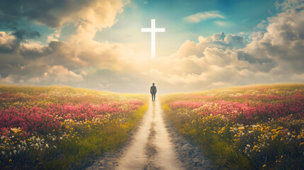 Silhouette of a man stands in a sunny meadow, looking at the bright cross in the sky a symbol of God, Christianity, the Savior Jesus Christ, resurrection and salvation from sin freedom, religion faith