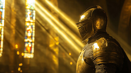 Obraz premium A medieval knight in shining armor stands in grand hall, illuminated by rays of sunlight streaming through stained glass windows, creating dramatic and noble atmosphere