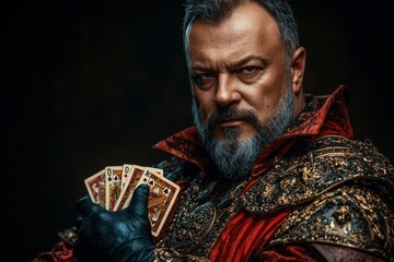 Obraz premium A Man in a Red and Gold Robe Holds a Hand of Cards