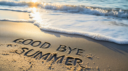 Goodbye summer text a beautiful message on the beach sand, symbolizing the end of vacations holidays, as the sunny sea waves greet the ocean under the bright sunlight on coastline
