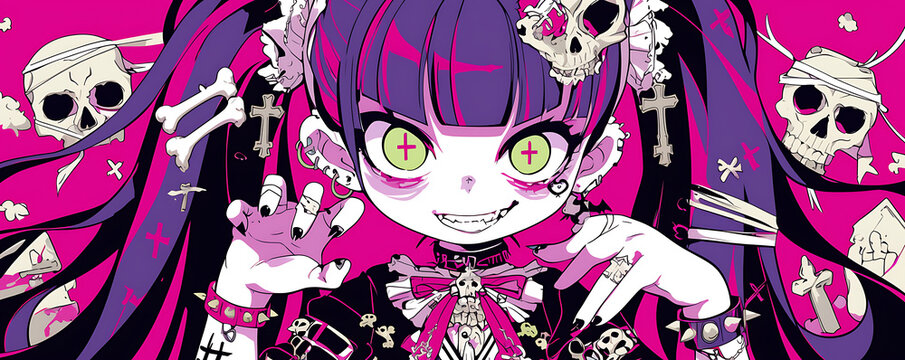 Crazy anime young girl cyberpunk digital painting. Manga woman evil dark Halloween theme